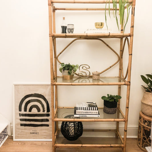 Large Vintage Bamboo & Glass Shelf Unit