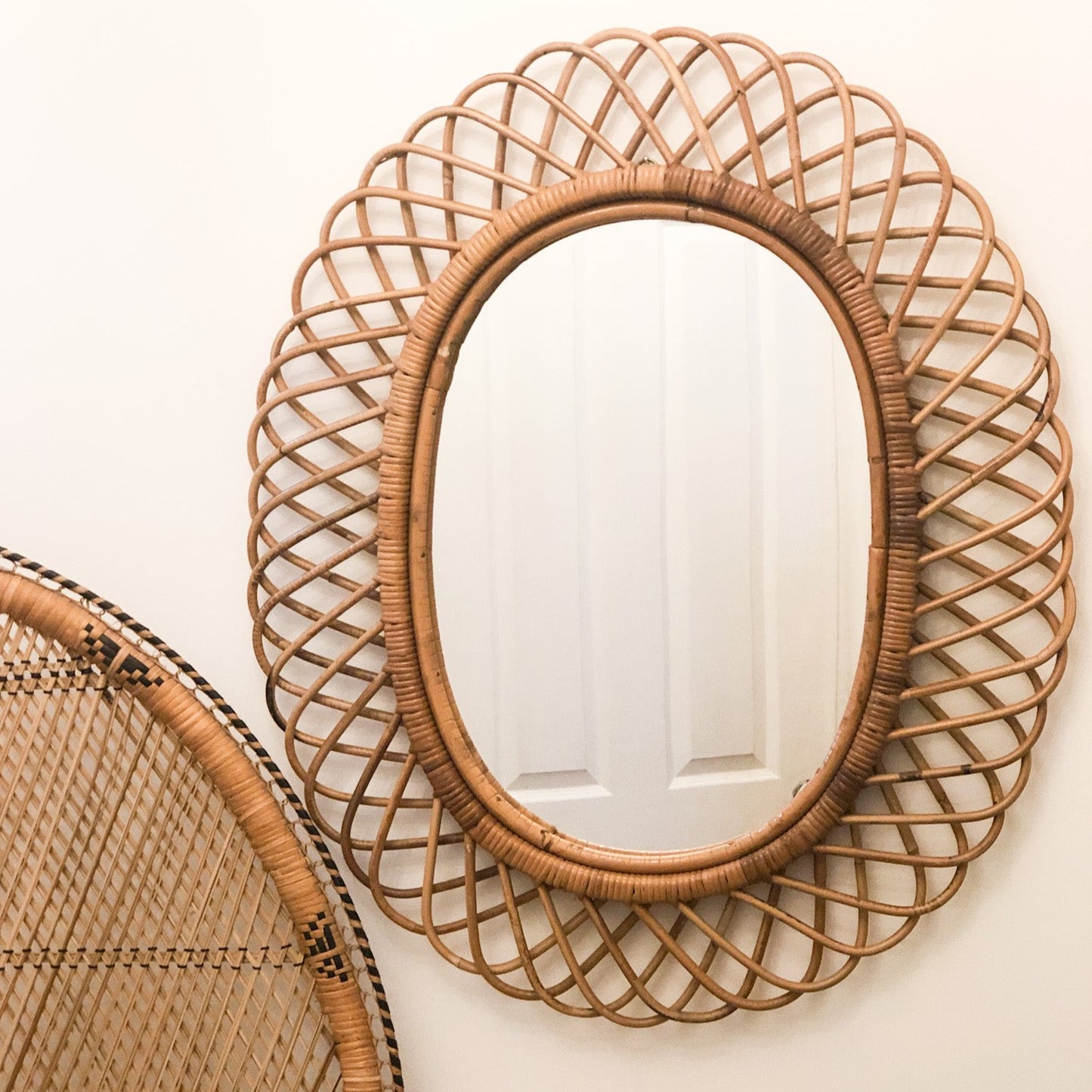 Rare 1950's Oval Italian Cane Mirror Attributed To Franco Albini