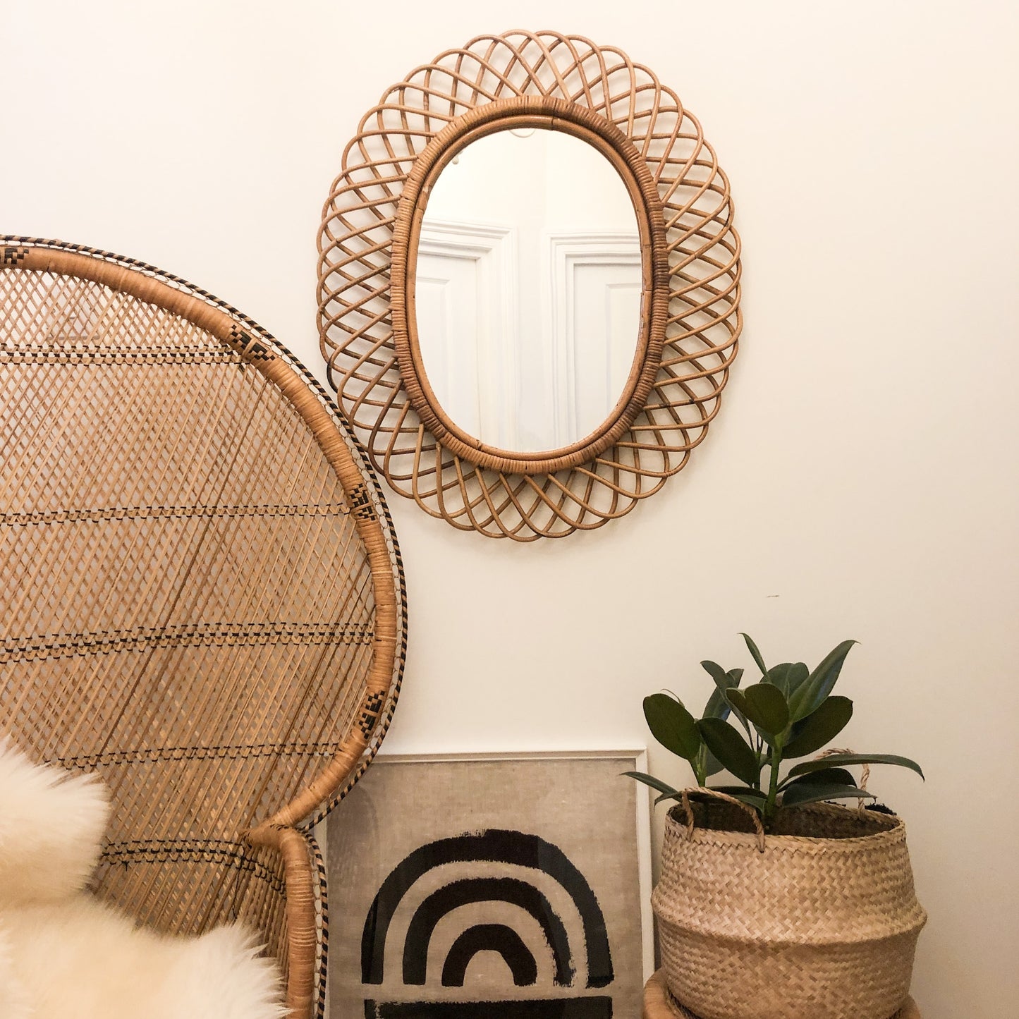 Rare 1950's Oval Italian Cane Mirror Attributed To Franco Albini