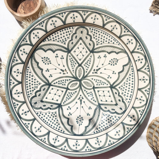 Extra Large Moroccan "Zwak"Ceramic Plate in Grey & White