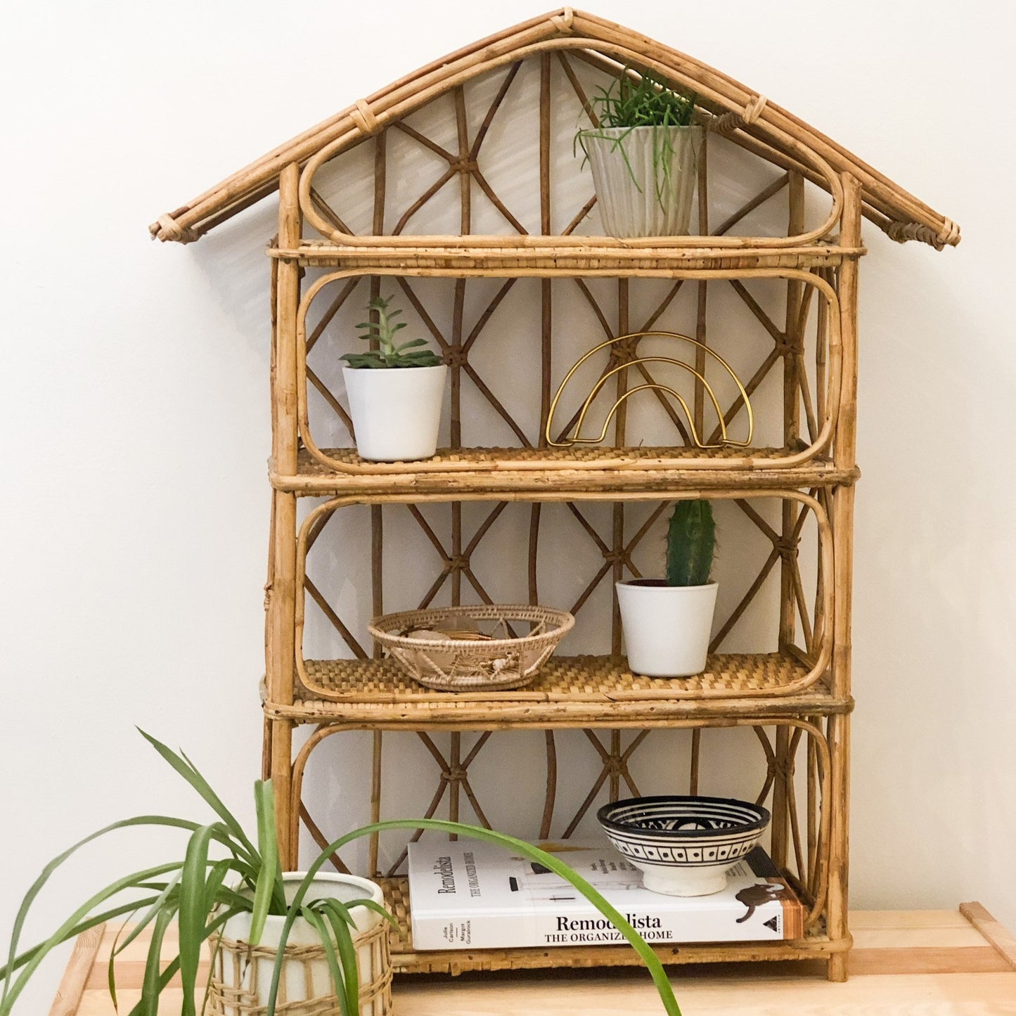 VINTAGE BAMBOO RATTAN HOUSE SHELF