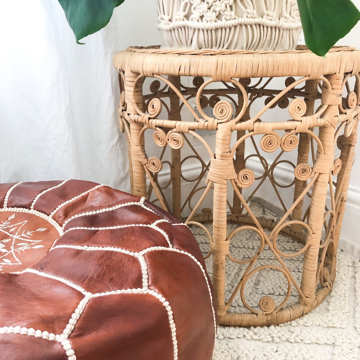 Large Vintage 1970s Rattan Side Table / Plant Stand