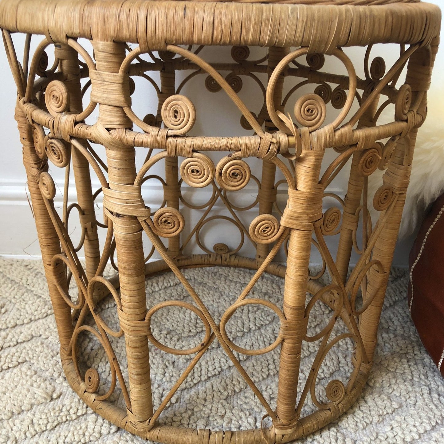 Large Vintage 1970s Rattan Side Table / Plant Stand