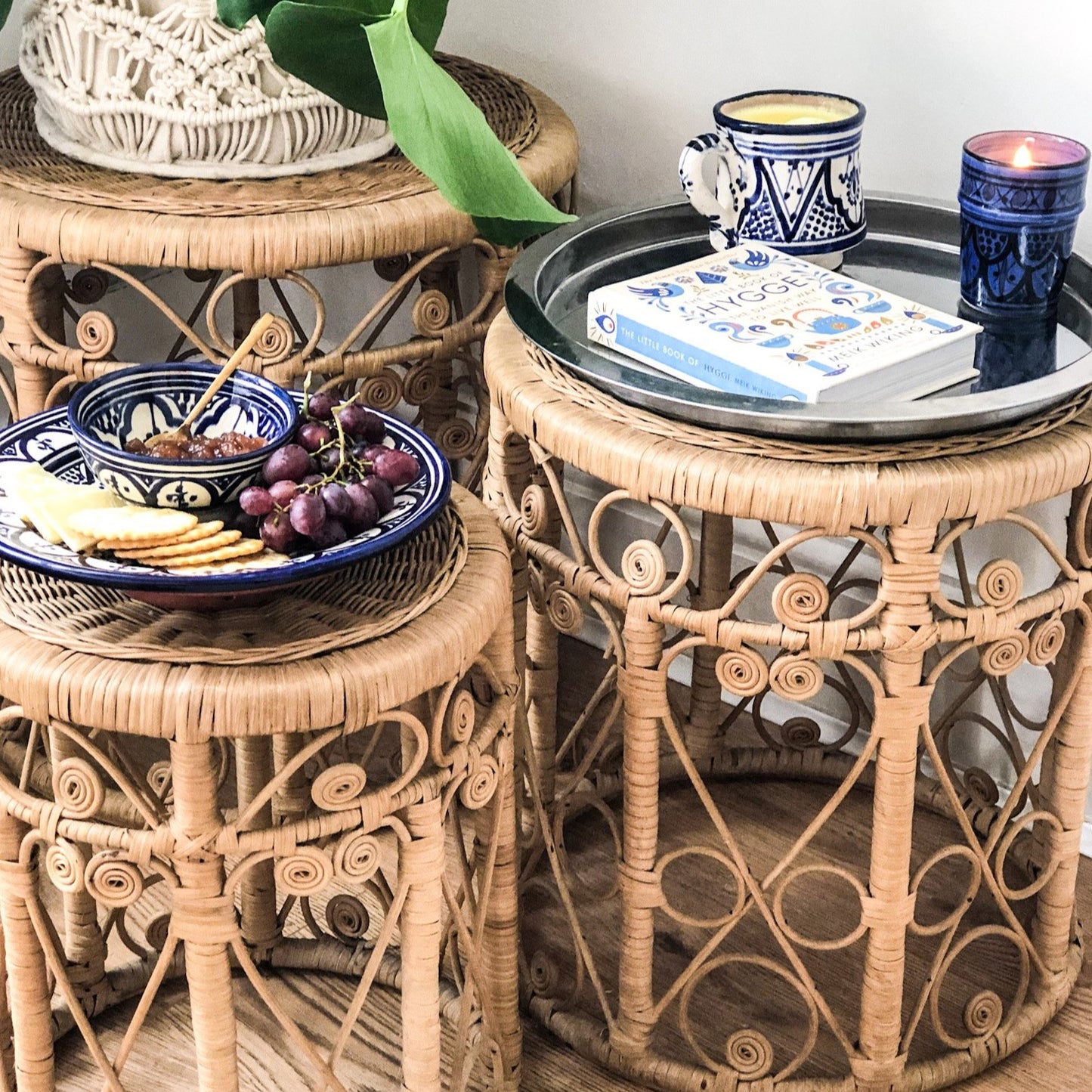 Large Vintage 1970s Rattan Side Table / Plant Stand