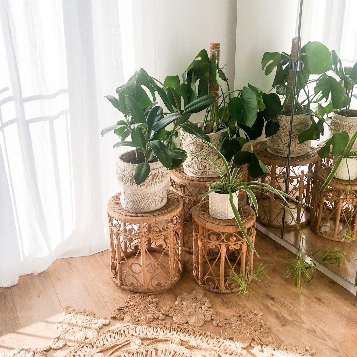 Large Vintage 1970s Rattan Side Table / Plant Stand