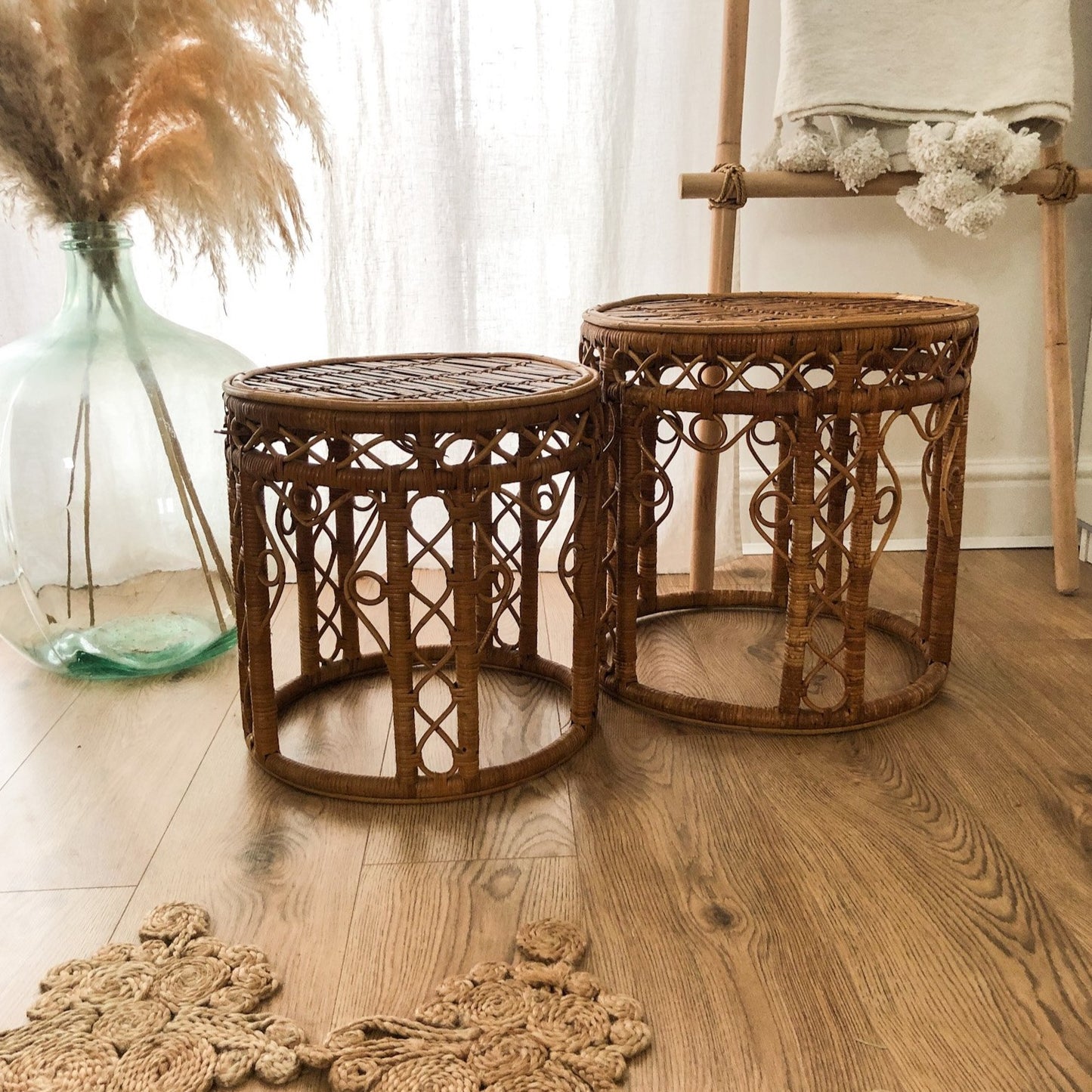 Pair Of Rare Vintage 1970's Bamboo Rattan Nesting Tables