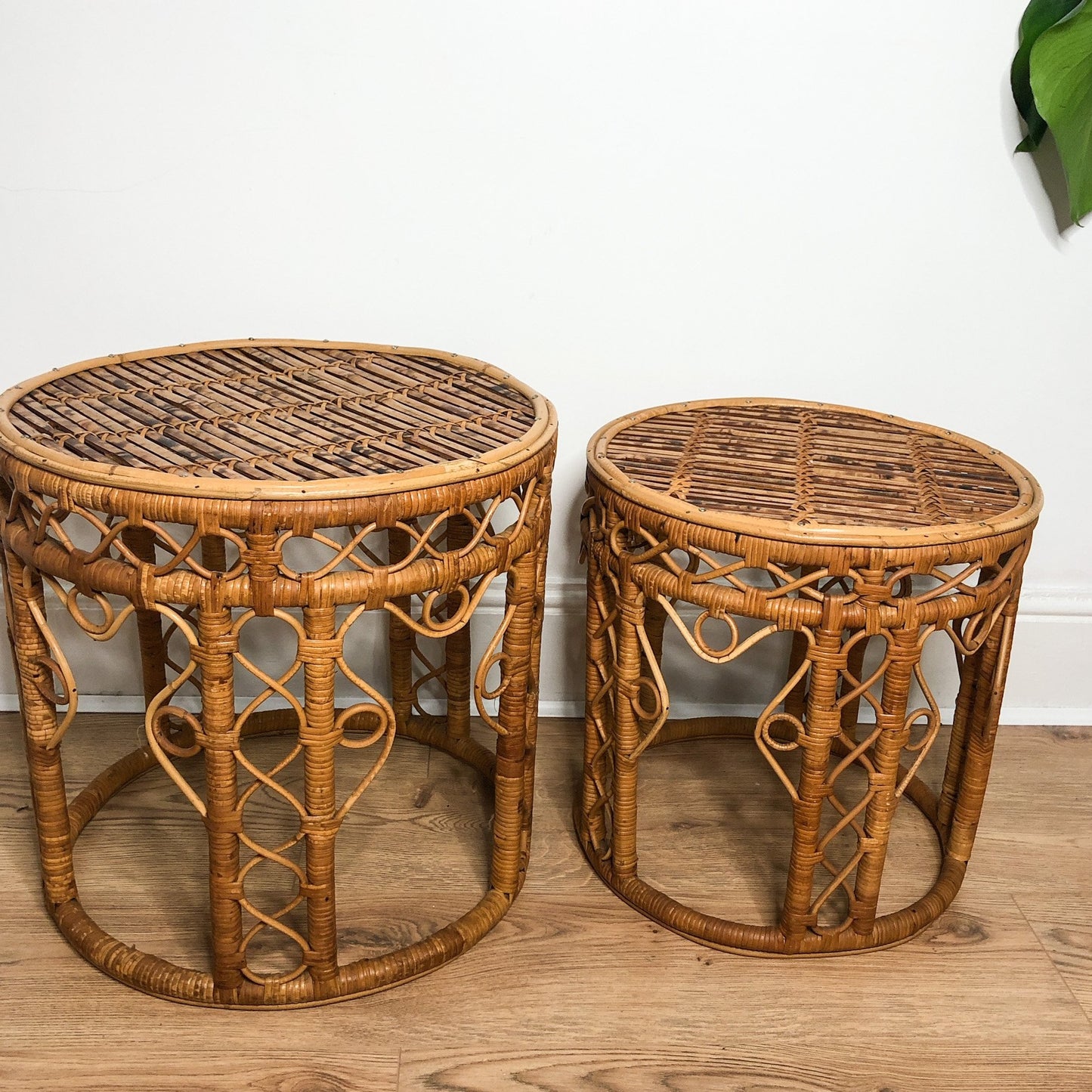 Pair Of Rare Vintage 1970's Bamboo Rattan Nesting Tables