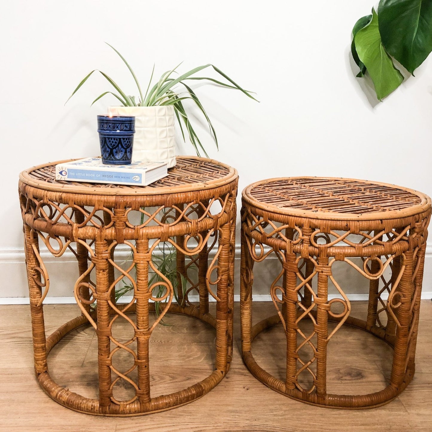 Pair Of Rare Vintage 1970's Bamboo Rattan Nesting Tables
