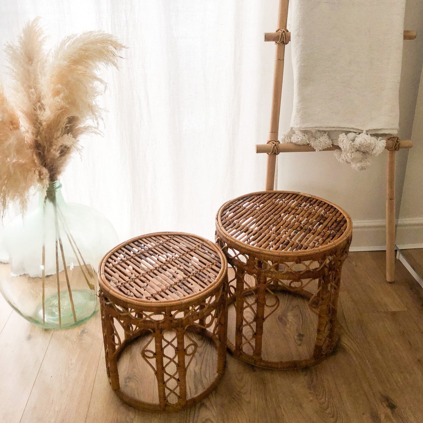 Pair Of Rare Vintage 1970's Bamboo Rattan Nesting Tables