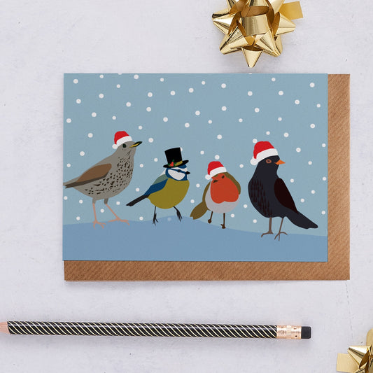 Songbirds in Santa hats Christmas Card By Lorna Syson