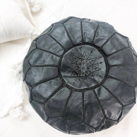 Moroccan Leather Pouffe in Black