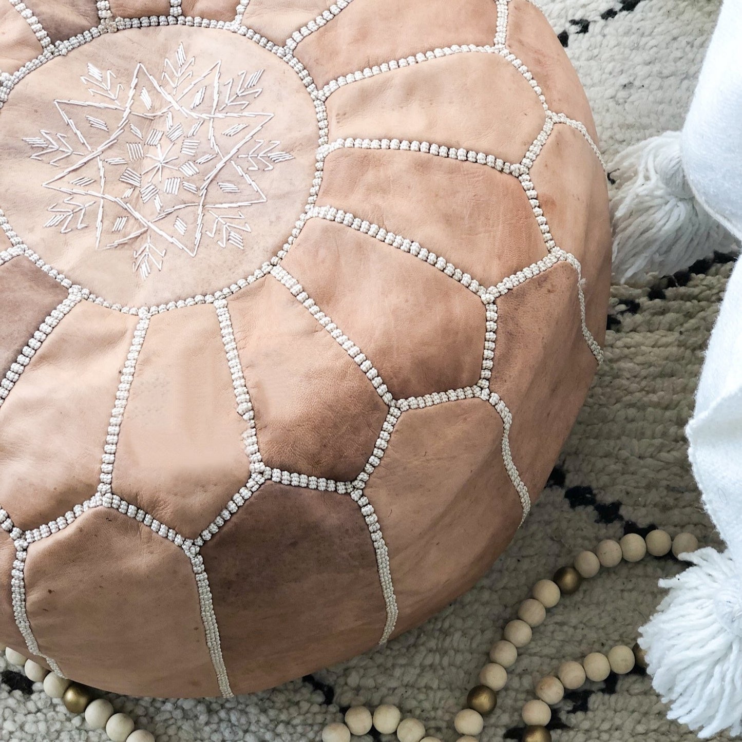 Moroccan Leather Pouffe in Light Tan