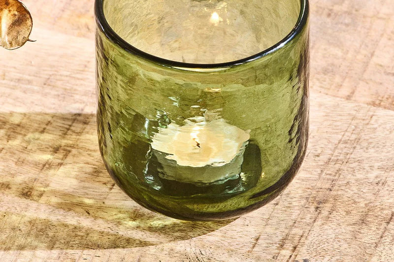 Irda Glass Tealight Holder in Dark Emerald By Nkuku