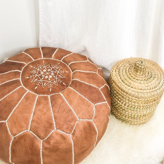 Moroccan Leather Pouffe in Tan